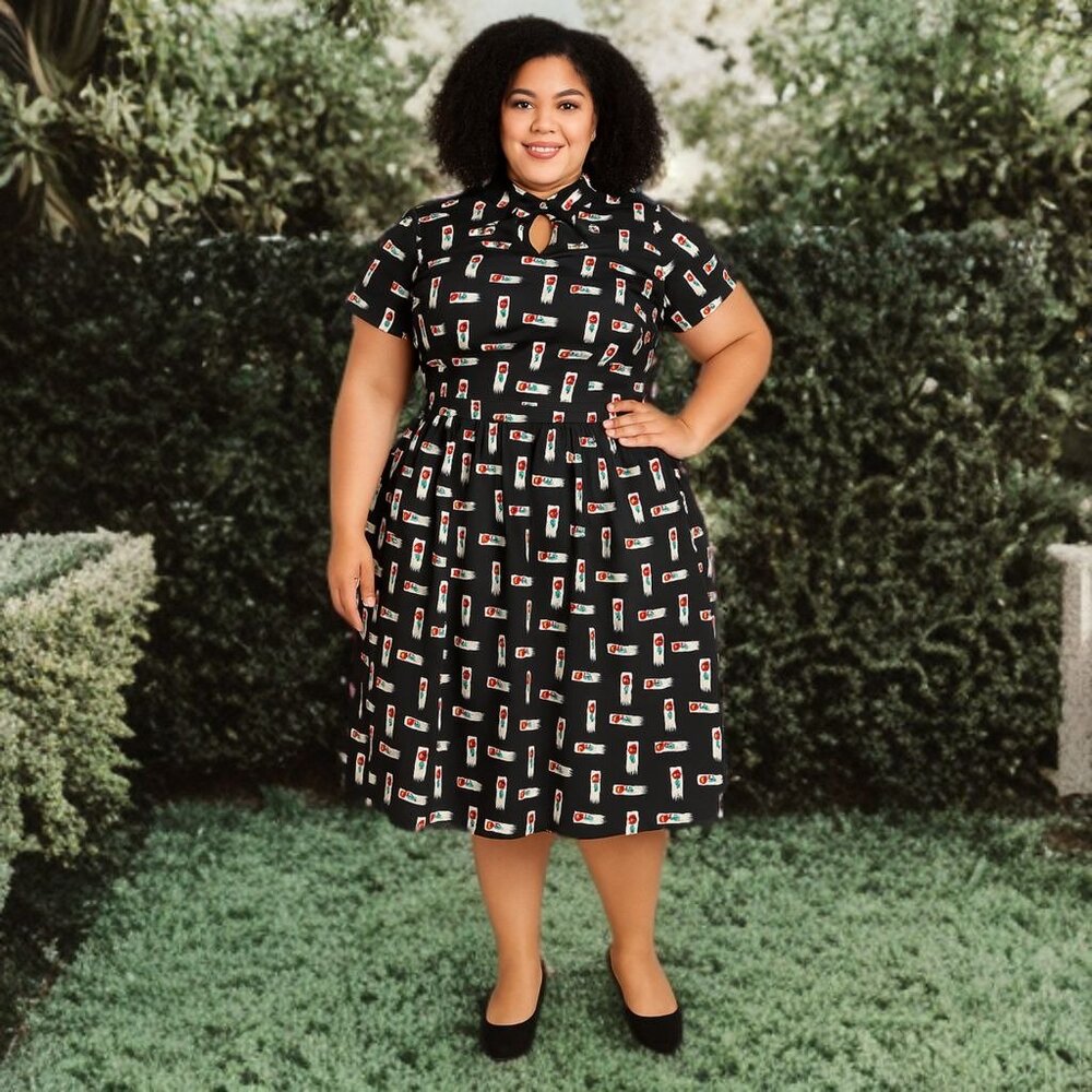 Unique Vintage Fit & Flare Roses Midi Dress Floral Modest Swing Plus 2XL